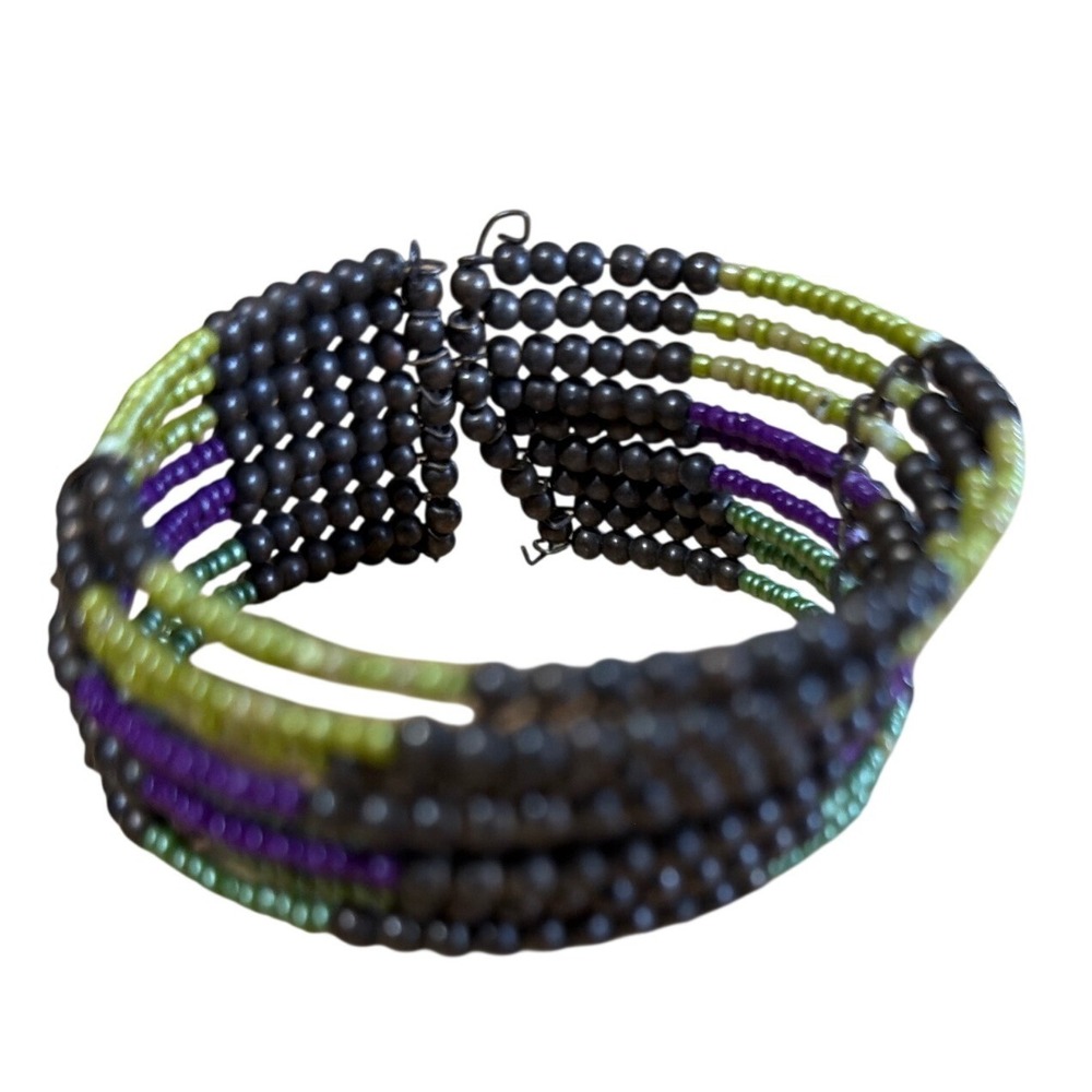 Boho Multi Strand Seed Bead Cuff Bracelet Purple Lime Green Bronze 910